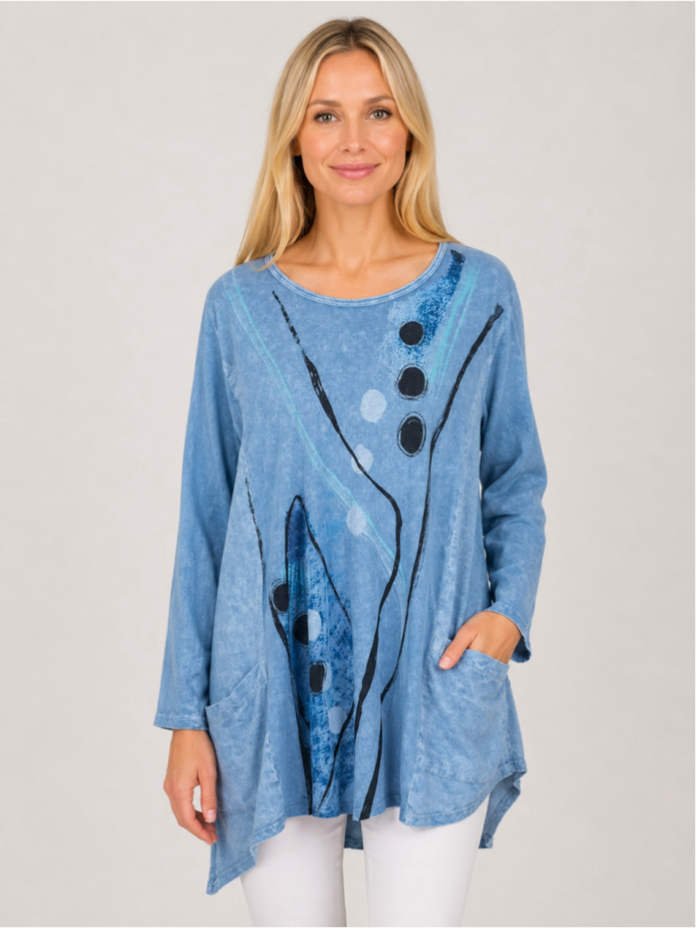 Jess & Jane Blue Tik Tak Mineral Washed Cotton Tunic Top Patch Pocket Size L
